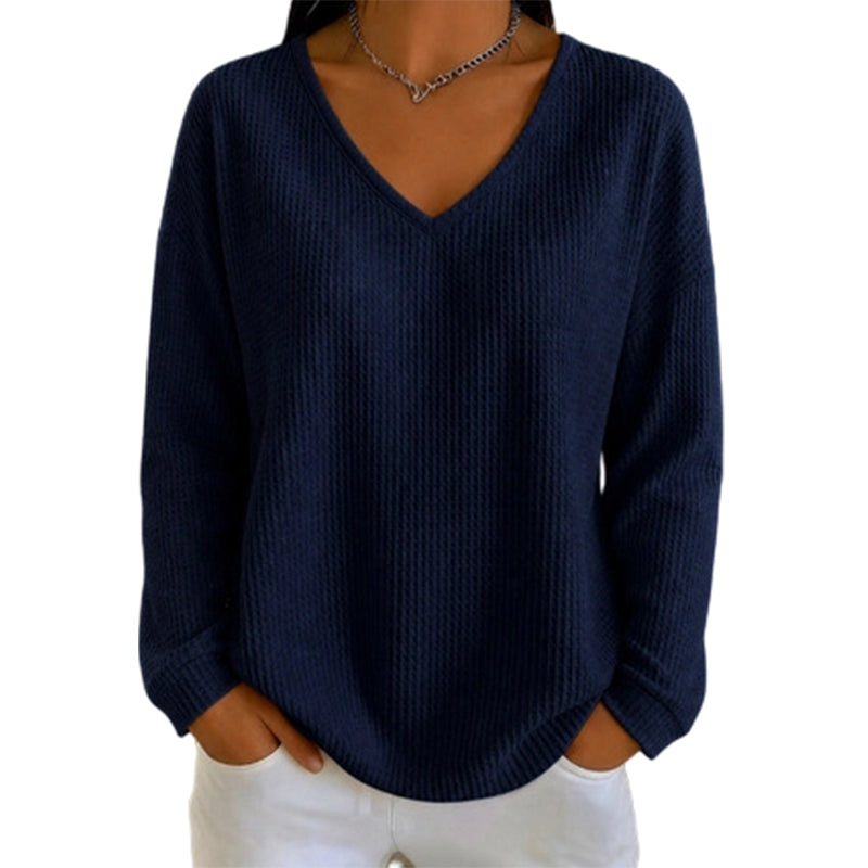 Women's Waffle Knit V-Neck Long Sleeve Top