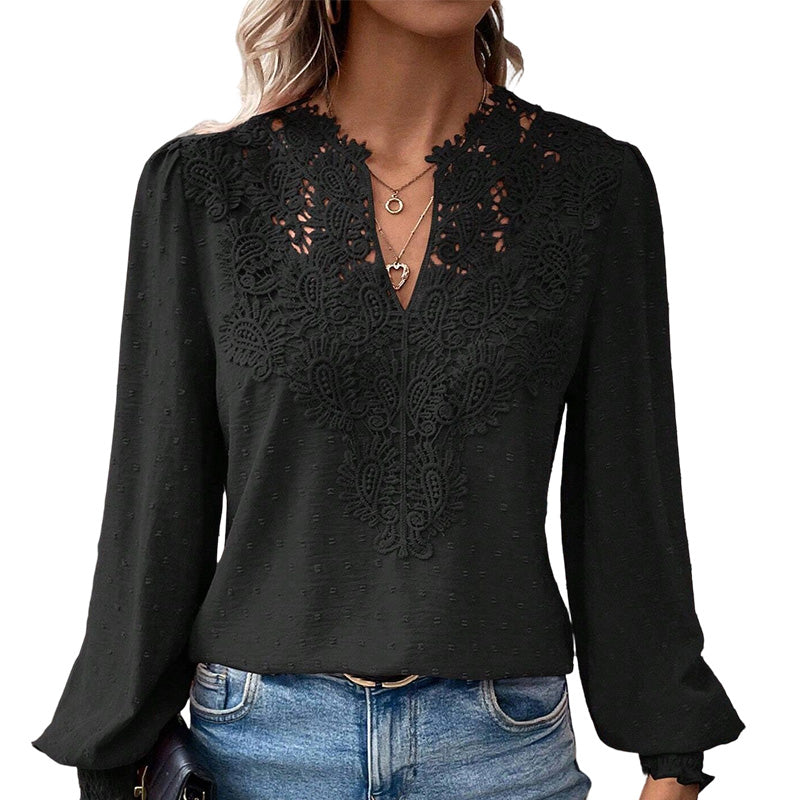 👗Delicate Lace, Sexy V-Neck👚 Women's Lace V-Neck Long Sleeve Top – Slim Fit | Elegant & Alluring ✨