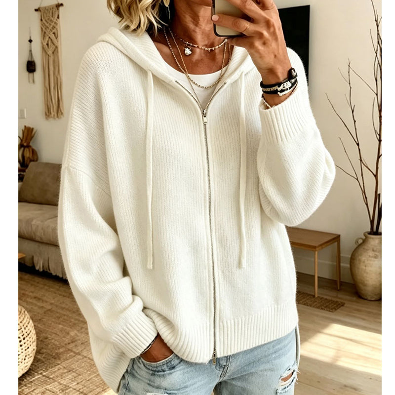 🧥 Cozy Chic Loose Zip-Up Hooded Knit Cardigan Coat – S to 3XL