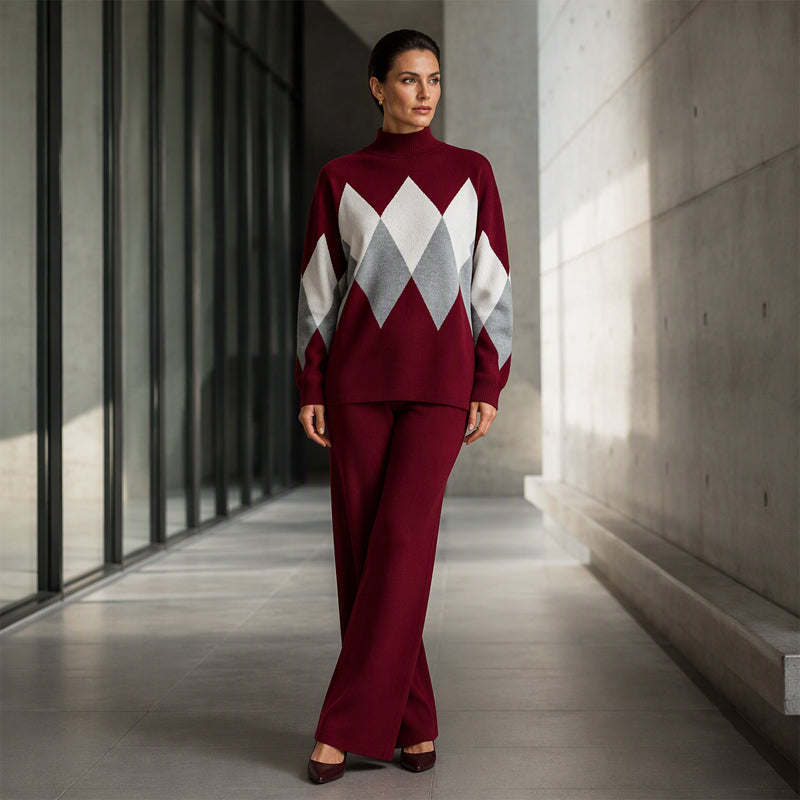 Women's Argyle Knit Sweater & Wide-Leg Pants Set