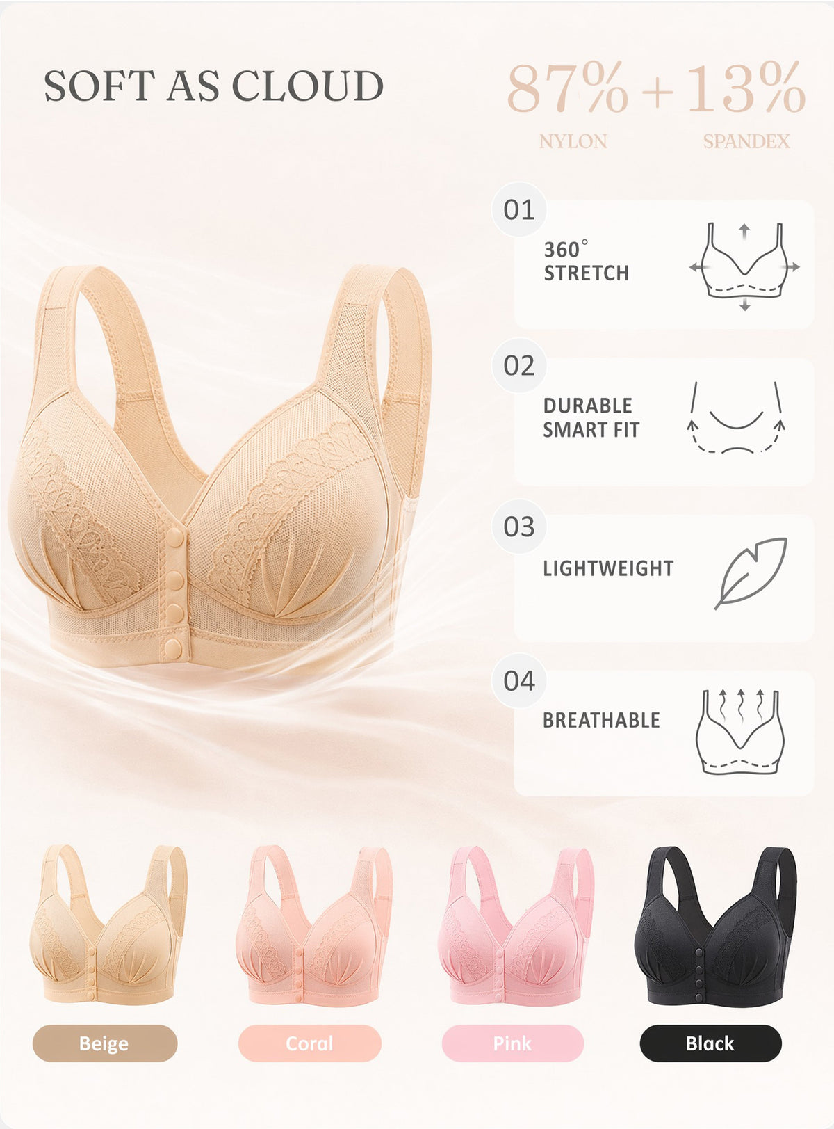 💥👙LAST DAY SALE -BUY 1 GET 1 FREE!!💘CloudComfort Front-Button Cotton Bra – Breathable • Wire-Free • All-Day Support • Non-Padded & Skin-Friendly🌿