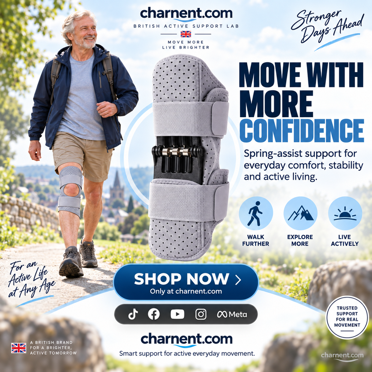 PowerKnee™ Spring-Assisted Knee Booster & Joint Support Brace – Rebound Spring Stabilizer with Open Patella & Adjustable Straps for Stairs, Walking & Joint Relief