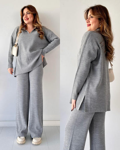 Women's Collared V-Neck Ribbed Knit 2-Piece Lounge Set | Wide-Leg Pants
