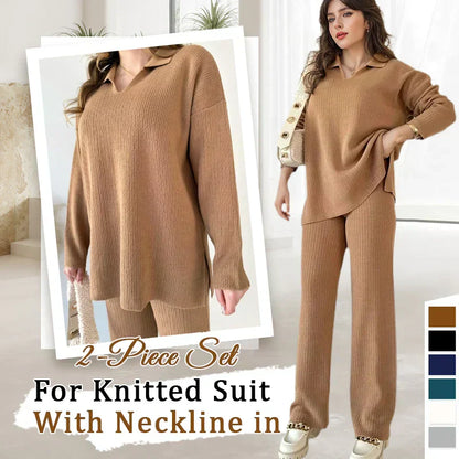Women's Collared V-Neck Ribbed Knit 2-Piece Lounge Set | Wide-Leg Pants