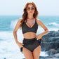 👙💥Damski Komplet Bikini w Kratkę z Wysokim Stanem i Kontrolą Brzucha
