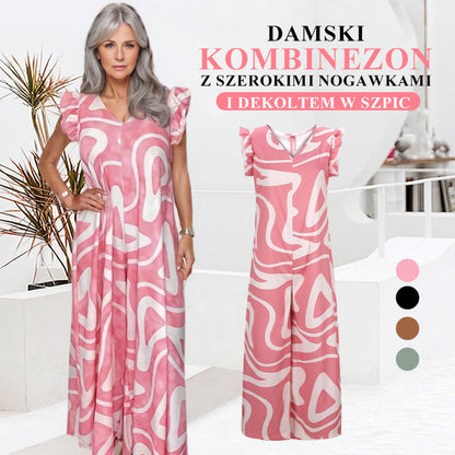 🌸Damski kombinezon z szerokimi nogawkami, geometrycznym wzorem i dekoltem w szpic
