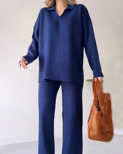 Women's Collared V-Neck Ribbed Knit 2-Piece Lounge Set | Wide-Leg Pants