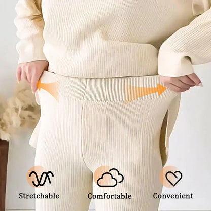 Women's Collared V-Neck Ribbed Knit 2-Piece Lounge Set | Wide-Leg Pants