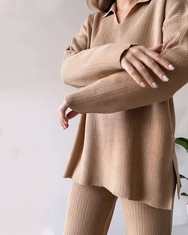 Women's Collared V-Neck Ribbed Knit 2-Piece Lounge Set | Wide-Leg Pants