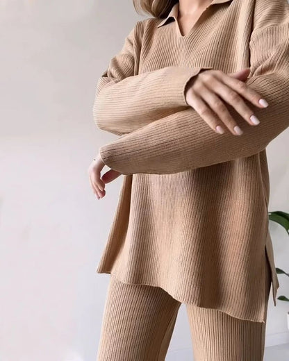 Women's Collared V-Neck Ribbed Knit 2-Piece Lounge Set | Wide-Leg Pants