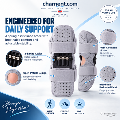 PowerKnee™ Spring-Assisted Knee Booster & Joint Support Brace – Rebound Spring Stabilizer with Open Patella & Adjustable Straps for Stairs, Walking & Joint Relief