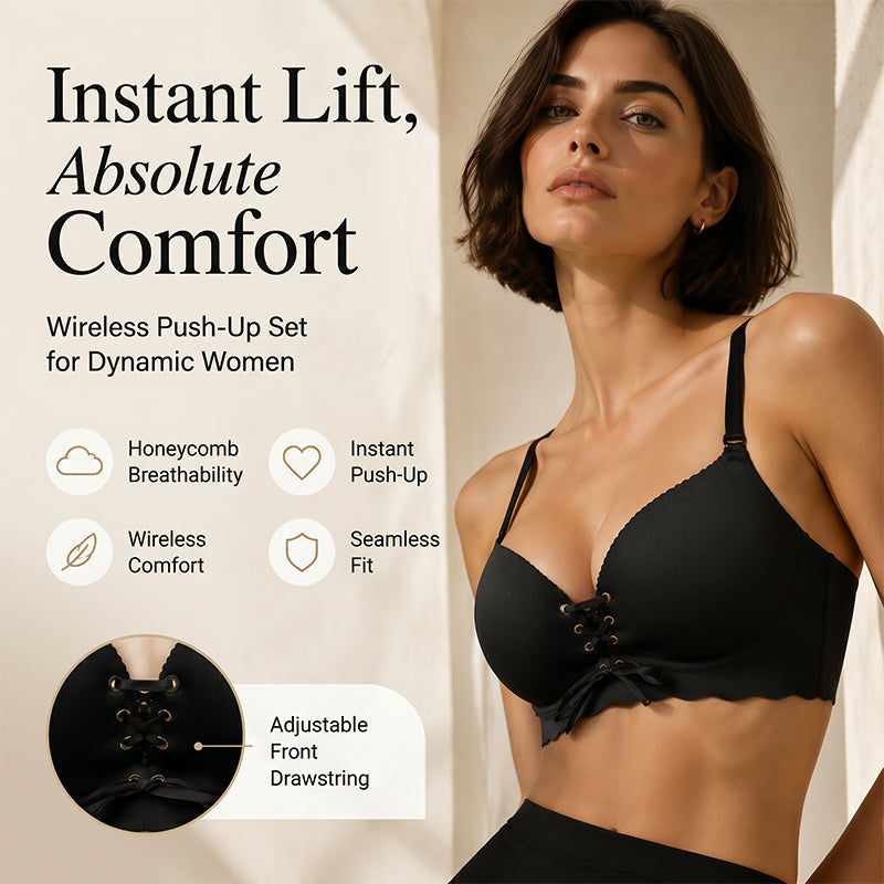 ✨ [2-Pack] Wireless Front-Drawstring Push-Up Bra – Breathable Honeycomb Support & 3-Way Convertible Straps
