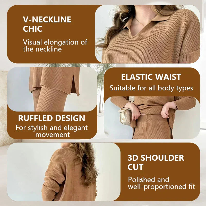 Women's Collared V-Neck Ribbed Knit 2-Piece Lounge Set | Wide-Leg Pants