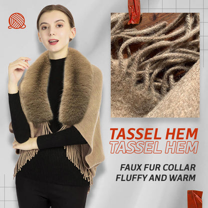 Women's Elegant Faux Fur Collar Cashmere-Feel Shawl Cloak with Tassel Fringe