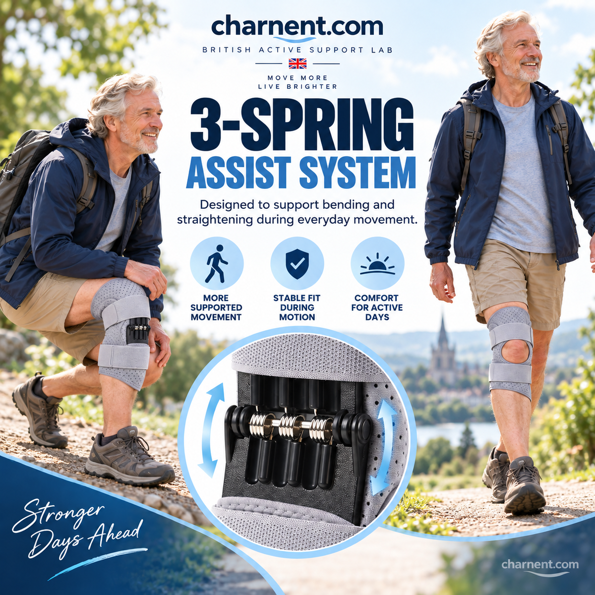 PowerKnee™ Spring-Assisted Knee Booster & Joint Support Brace – Rebound Spring Stabilizer with Open Patella & Adjustable Straps for Stairs, Walking & Joint Relief