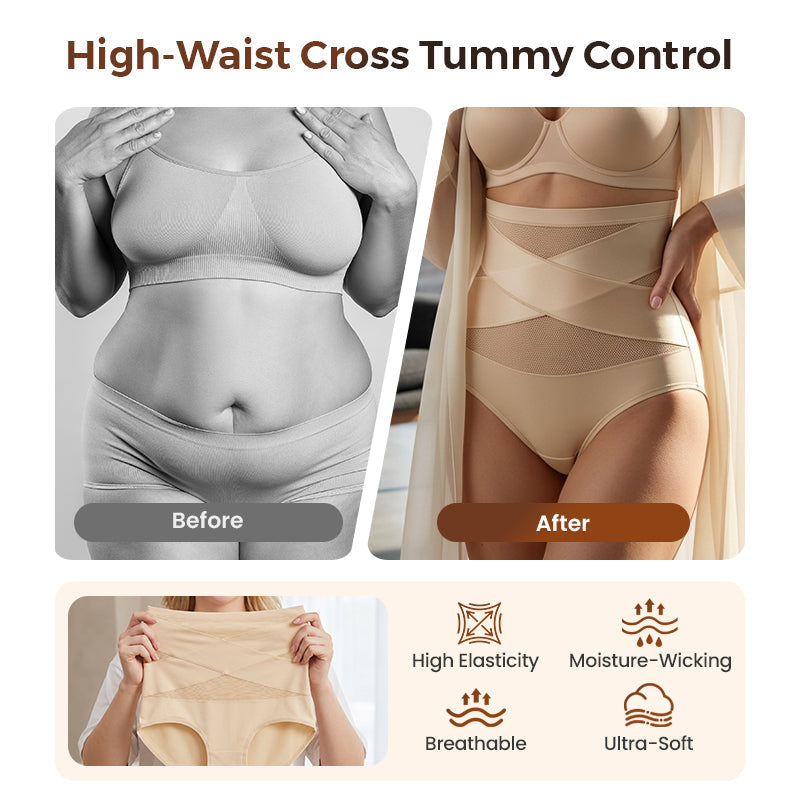 ✨ [Buy 1 Get 2 Free] Plus-Size High-Waist Cross Tummy-Control Shaping Panties – Anti-Roll Double Compression | S to 4XL