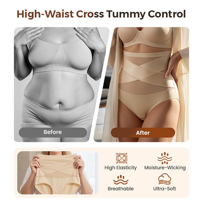 ✨ [Buy 1 Get 2 Free] Plus-Size High-Waist Cross Tummy-Control Shaping Panties – Anti-Roll Double Compression | S to 4XL