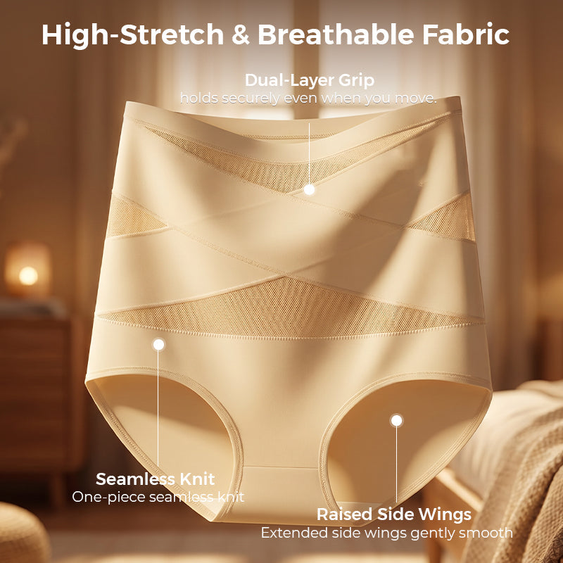 ✨ [Buy 1 Get 2 Free] Plus-Size High-Waist Cross Tummy-Control Shaping Panties – Anti-Roll Double Compression | S to 4XL