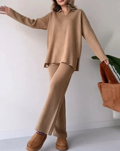 Women's Collared V-Neck Ribbed Knit 2-Piece Lounge Set | Wide-Leg Pants
