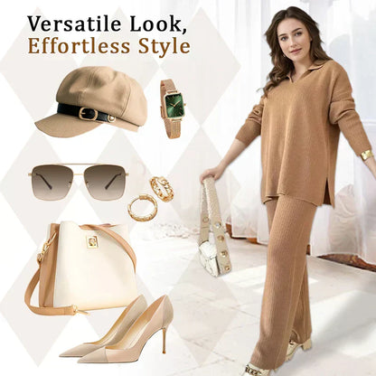 Women's Collared V-Neck Ribbed Knit 2-Piece Lounge Set | Wide-Leg Pants