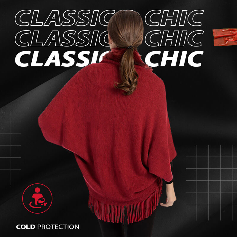 Women's Elegant Faux Fur Collar Cashmere-Feel Shawl Cloak with Tassel Fringe