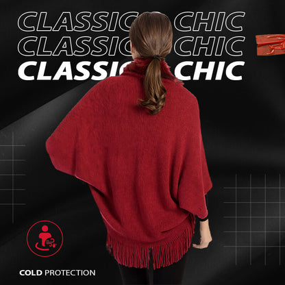 Women's Elegant Faux Fur Collar Cashmere-Feel Shawl Cloak with Tassel Fringe