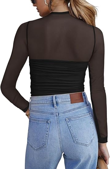 🎉Women's Sparkle Mesh Sheer Long Sleeve Ruched Top