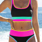 🔥🎁Nowość: 50% RABATU🔥🌼 Trzyczęściowy sportowy komplet bikini z nylonu w blokach kolorystycznych – wysoki stan z efektem wyszczuplającym brzuch 👙