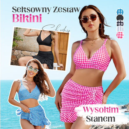 👙💥Damski Komplet Bikini w Kratkę z Wysokim Stanem i Kontrolą Brzucha