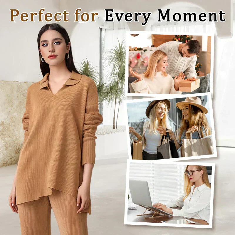 Women's Collared V-Neck Ribbed Knit 2-Piece Lounge Set | Wide-Leg Pants