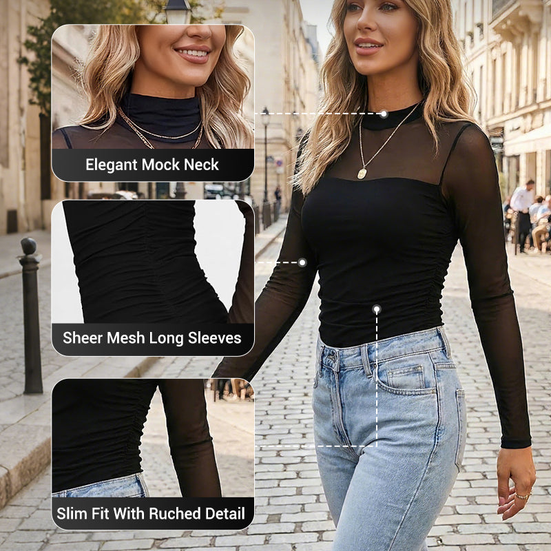 🎉Women's Sparkle Mesh Sheer Long Sleeve Ruched Top