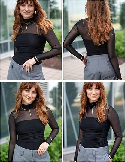🎉Women's Sparkle Mesh Sheer Long Sleeve Ruched Top