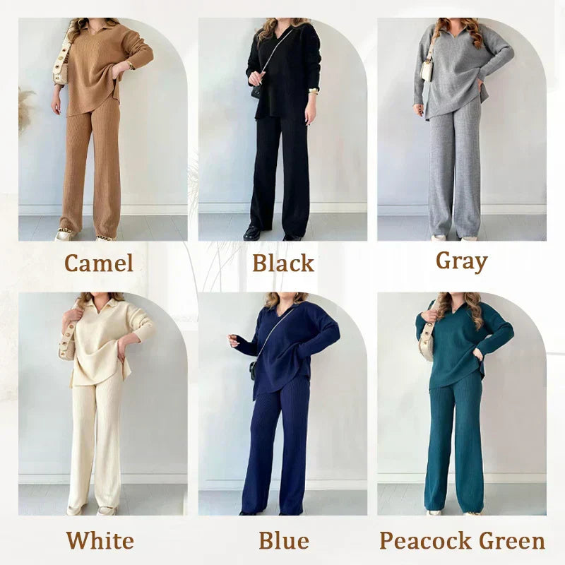Women's Collared V-Neck Ribbed Knit 2-Piece Lounge Set | Wide-Leg Pants