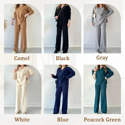 Women's Collared V-Neck Ribbed Knit 2-Piece Lounge Set | Wide-Leg Pants