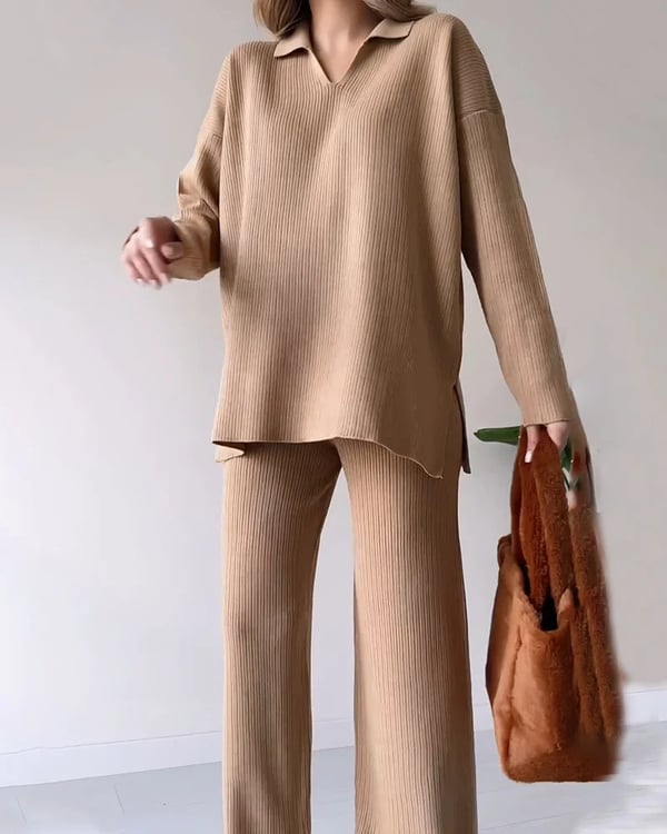 Women's Collared V-Neck Ribbed Knit 2-Piece Lounge Set | Wide-Leg Pants