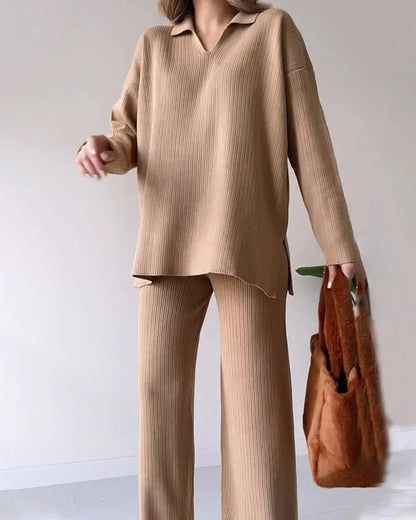 Women's Collared V-Neck Ribbed Knit 2-Piece Lounge Set | Wide-Leg Pants