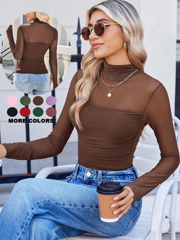🎉Women's Sparkle Mesh Sheer Long Sleeve Ruched Top