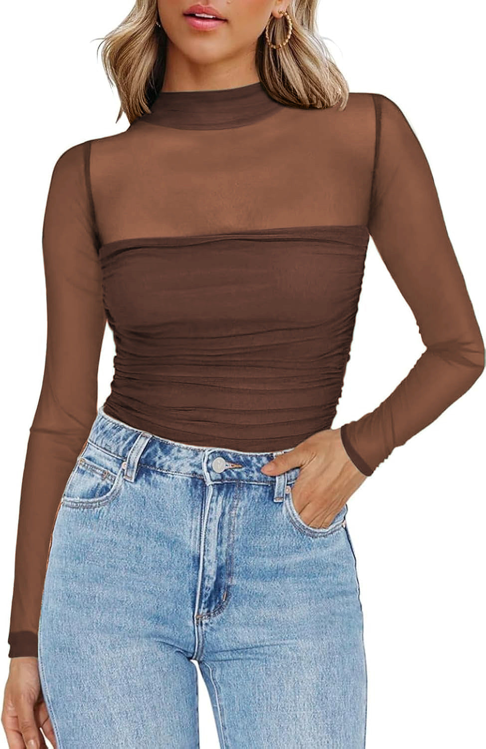 🎉Women's Sparkle Mesh Sheer Long Sleeve Ruched Top