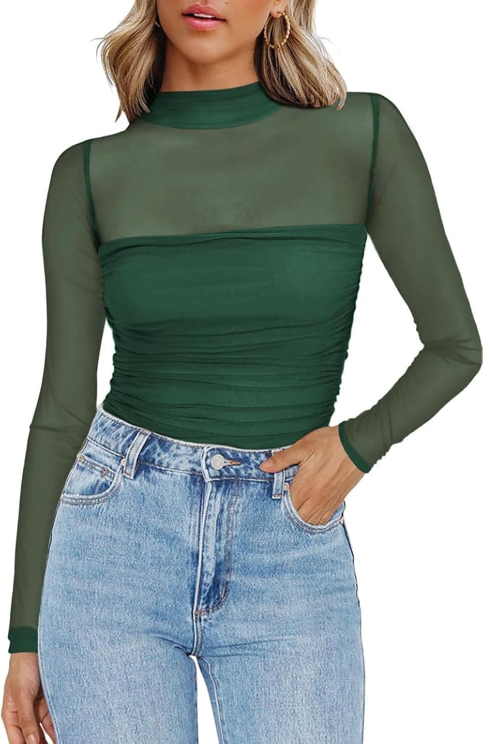 🎉Women's Sparkle Mesh Sheer Long Sleeve Ruched Top