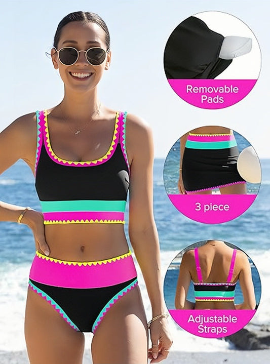🔥🎁Nowość: 50% RABATU🔥🌼 Trzyczęściowy sportowy komplet bikini z nylonu w blokach kolorystycznych – wysoki stan z efektem wyszczuplającym brzuch 👙