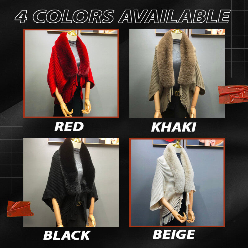 Women's Elegant Faux Fur Collar Cashmere-Feel Shawl Cloak with Tassel Fringe