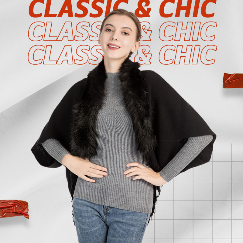 Women's Elegant Faux Fur Collar Cashmere-Feel Shawl Cloak with Tassel Fringe