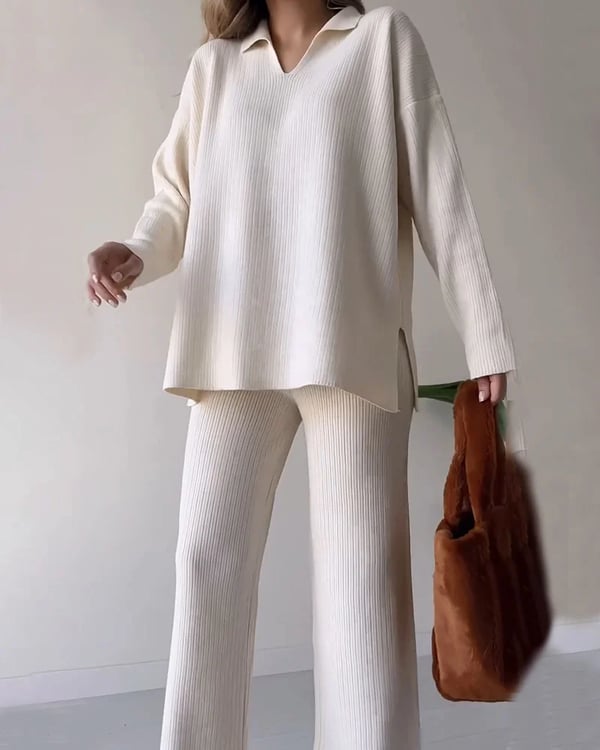Women's Collared V-Neck Ribbed Knit 2-Piece Lounge Set | Wide-Leg Pants