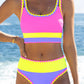 🔥🎁Nowość: 50% RABATU🔥🌼 Trzyczęściowy sportowy komplet bikini z nylonu w blokach kolorystycznych – wysoki stan z efektem wyszczuplającym brzuch 👙