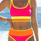 🔥🎁Nowość: 50% RABATU🔥🌼 Trzyczęściowy sportowy komplet bikini z nylonu w blokach kolorystycznych – wysoki stan z efektem wyszczuplającym brzuch 👙