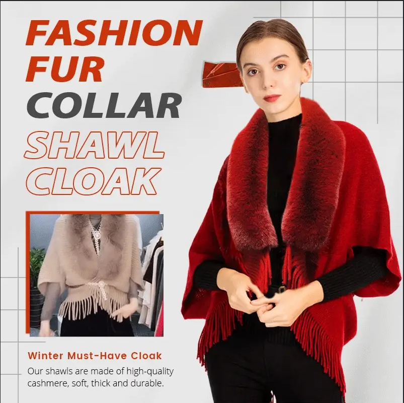 Women's Elegant Faux Fur Collar Cashmere-Feel Shawl Cloak with Tassel Fringe