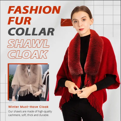 Women's Elegant Faux Fur Collar Cashmere-Feel Shawl Cloak with Tassel Fringe