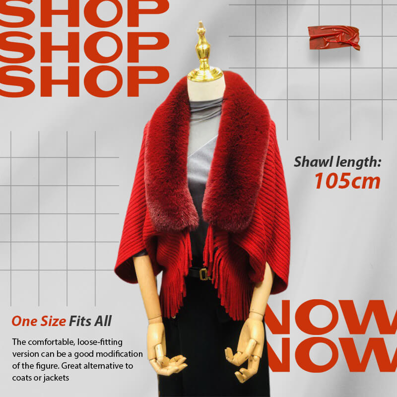 Women's Elegant Faux Fur Collar Cashmere-Feel Shawl Cloak with Tassel Fringe
