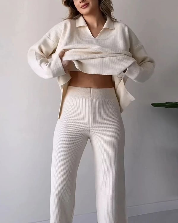 Women's Collared V-Neck Ribbed Knit 2-Piece Lounge Set | Wide-Leg Pants