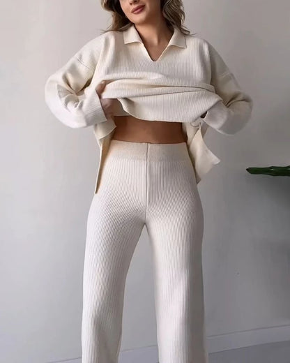Women's Collared V-Neck Ribbed Knit 2-Piece Lounge Set | Wide-Leg Pants